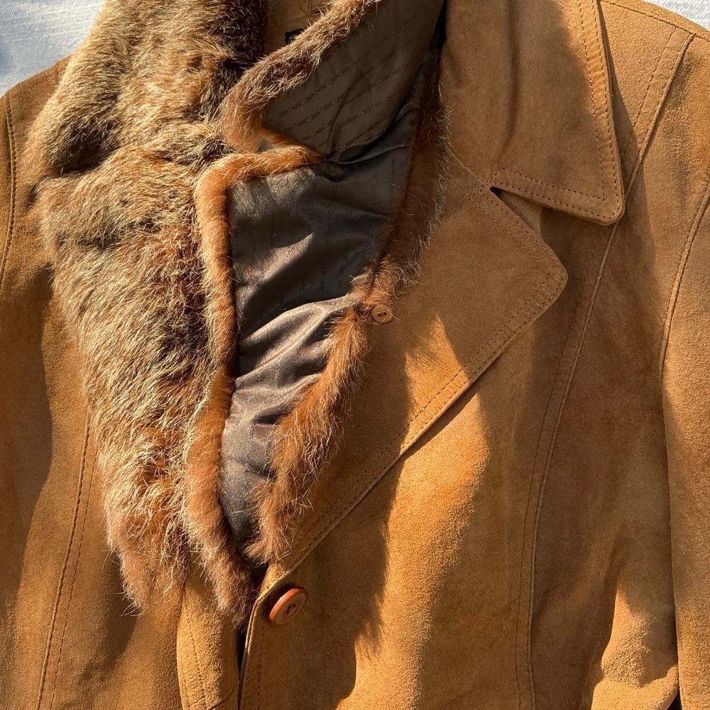 Vintage Dino Gallucci Suede Leather Coat Women's 42 Fur Collar Lined Jacket Brow - Picture 5 of 9